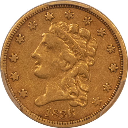 $2.50 1836 $2.50 CLASSIC HEAD GOLD QUARTER EAGLE, SCRIPT 8 – PCGS VF-30