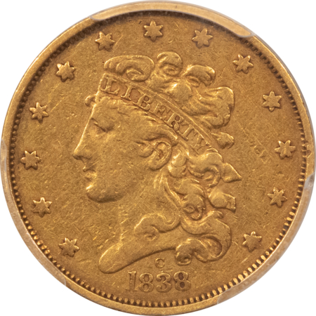 $5 1838-C $5 CLASSIC GOLD HALF GOLD PCGS VF-25, RARE, DESIRABLE 1ST YR CHARLOTTE!