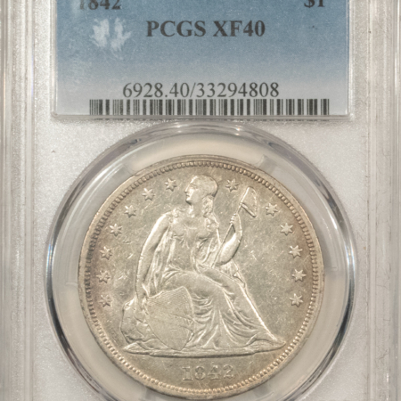 Dollars 1842 LIBERTY SEATED DOLLAR – PCGS XF-40, FLASHY W/ STRONG DETAILS!