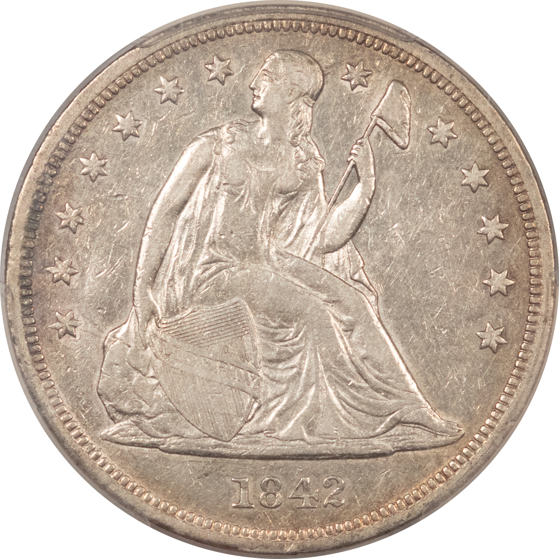Dollars 1842 LIBERTY SEATED DOLLAR – PCGS XF-40, FLASHY W/ STRONG DETAILS! Dollars 1842 LIBERTY SEATED DOLLAR – PCGS XF-40, FLASHY W/ STRONG DETAILS!