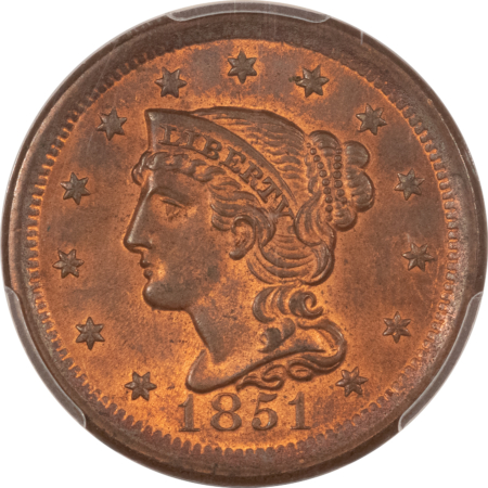 Braided Hair Half Cents 1851 BRAIDED HAIR LARGE CENT – PCGS MS-64 RB, CAC APPROVED!