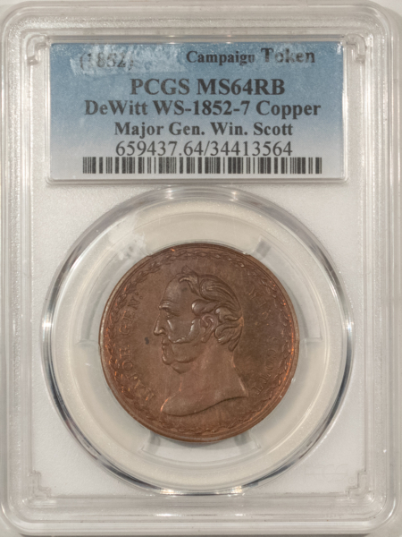 Exonumia 1852 MAJOR GENERAL WINFIELD SCOTT CAMPAIGN TOKEN, DEWITT WS-1852-7, PCGS MS-64RB