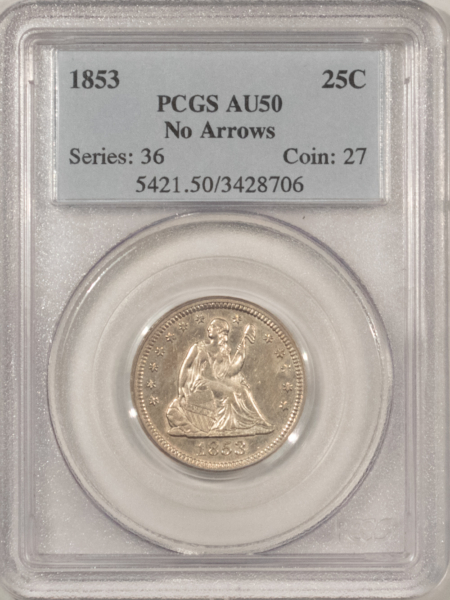Liberty Seated Quarters 1853 SEATED LIBERTY QUARTER, NO ARROWS – PCGS AU-50, RARE! FLASHY & WELL-STRUCK!