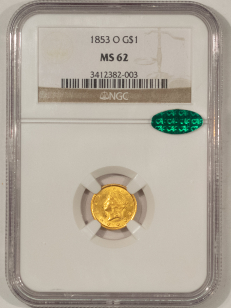 $1 1853-O $1 GOLD DOLLAR, TYPE 1 – NGC MS-62 CAC, PREMIUM QUALITY! NEW ORLEANS!