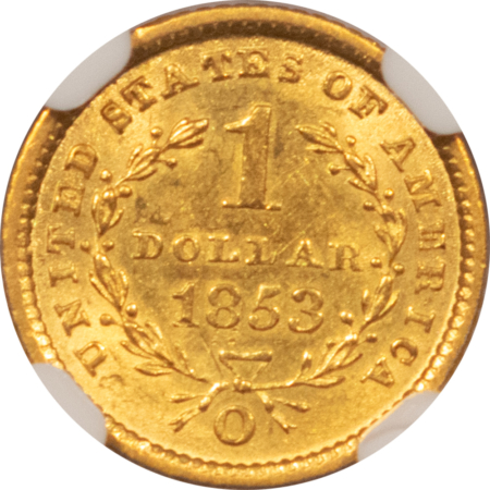 $1 1853-O $1 GOLD DOLLAR, TYPE 1 – NGC MS-62 CAC, PREMIUM QUALITY! NEW ORLEANS!