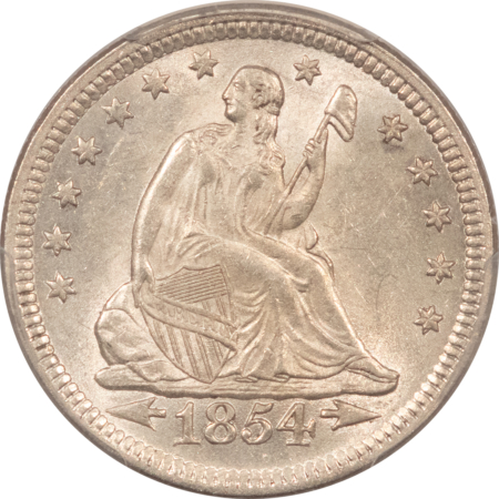 Liberty Seated Quarters 1854 SEATED LIBERTY QUARTER, ARROWS – PCGS MS-62, WHITE, PQ! LOOKS CHOICE!