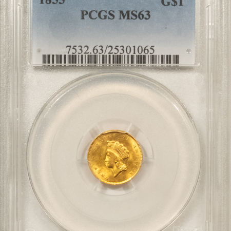$1 1855 TYPE 2 $1 GOLD DOLLAR, INDIAN PRINCESS – PCGS MS-63 FRESH & SUPER LUSTROUS!