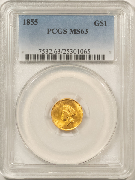 $1 1855 TYPE 2 $1 GOLD DOLLAR, INDIAN PRINCESS – PCGS MS-63 FRESH & SUPER LUSTROUS!