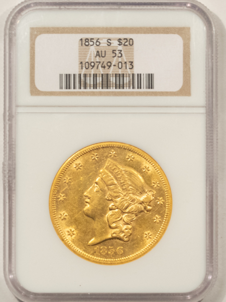 $20 1856-S TYPE 1 NO MOTTO $20 LIBERTY GOLD DOUBLE EAGLE – NGC AU-53, FLASHY, PQ!