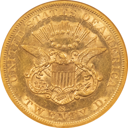 $20 1856-S TYPE 1 NO MOTTO $20 LIBERTY GOLD DOUBLE EAGLE – NGC AU-53, FLASHY, PQ!