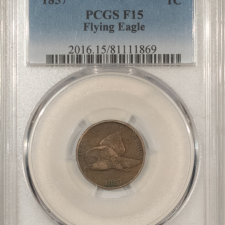 Flying Eagle 1857 FLYING EAGLE CENT – PCGS F-15, NICE ORIGINAL