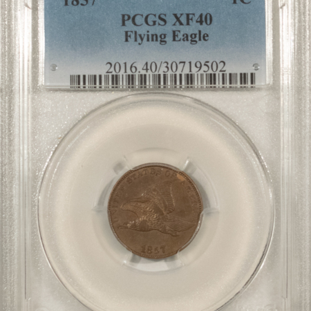 Flying Eagle 1857 FLYING EAGLE CENT – PCGS XF-40, NICE CIRC!