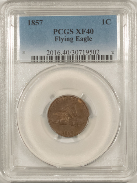Flying Eagle 1857 FLYING EAGLE CENT – PCGS XF-40, NICE CIRC!