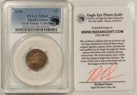 Flying Eagle 1858 FLYING EAGLE CENT SMALL LETTERS – PCGS MS-64 FRESH & PQ EAGLE EYE PHOTOSEAL