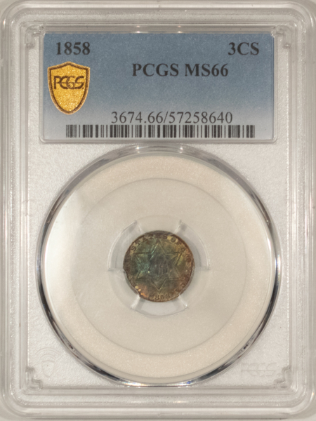 New Certified Coins 1858 THREE CENT SILVER – PCGS MS-66, GORGEOUS! RARE IN 66 OR HIGHER!