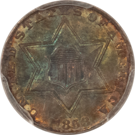 New Certified Coins 1858 THREE CENT SILVER – PCGS MS-66, GORGEOUS! RARE IN 66 OR HIGHER!