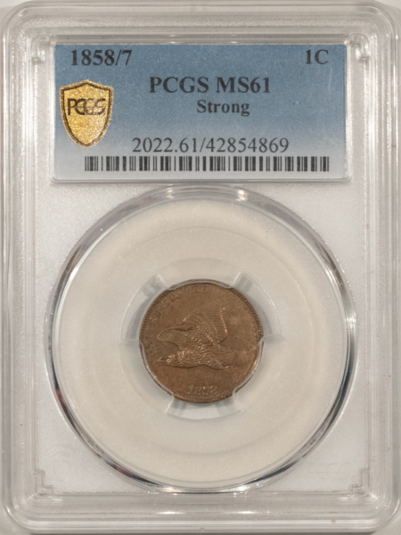 Flying Eagle 1858/7 FLYING EAGLE CENT, STRONG – PCGS MS-61, RARE! POP 3!