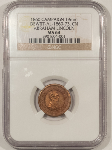 Exonumia 1860 ABRAHAM LINCOLN CAMPAIGN TOKEN, COPPER-NICKEL, DEWITT AL-1860-73-NGC MS-64!