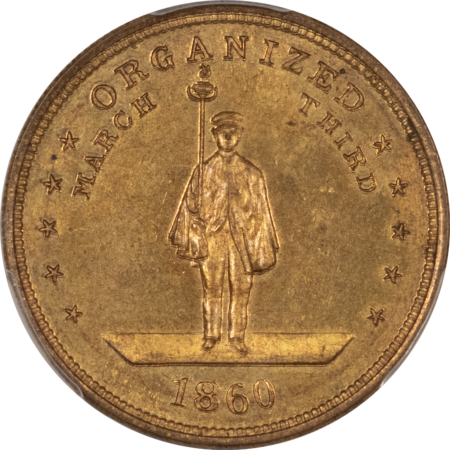 Exonumia 1860 SCARCE HARTFORD “WIDE-AWAKES” TOKEN, BRASS, DEWITT AL-1860-40, PCGS MS-64!