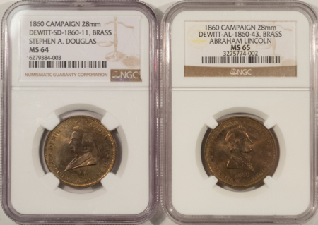 Exonumia PAIR OF 1860 ABRAHAM LINCOLN/STEPHEN DOUGLAS CAMPAIGN TOKENS; NGC MS-65 & MS-64