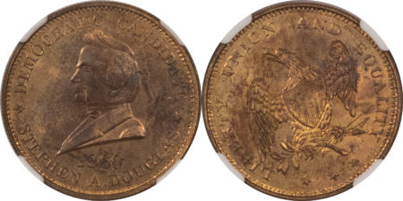 Exonumia PAIR OF 1860 ABRAHAM LINCOLN/STEPHEN DOUGLAS CAMPAIGN TOKENS; NGC MS-65 & MS-64