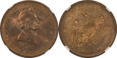 Exonumia PAIR OF 1860 ABRAHAM LINCOLN/STEPHEN DOUGLAS CAMPAIGN TOKENS; NGC MS-65 & MS-64
