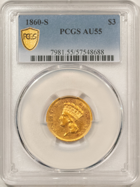 $3 1860-S $3 GOLD DOLLAR – PCGS AU-55, ONE OF THE RAREST OF ALL $3 GOLD COINS!