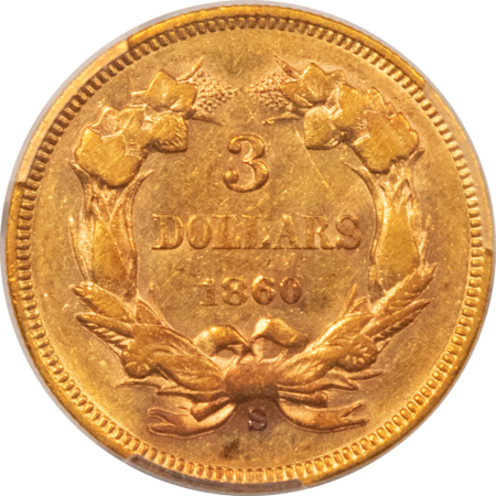 $3 1860-S $3 GOLD DOLLAR – PCGS AU-55, ONE OF THE RAREST OF ALL $3 GOLD COINS!