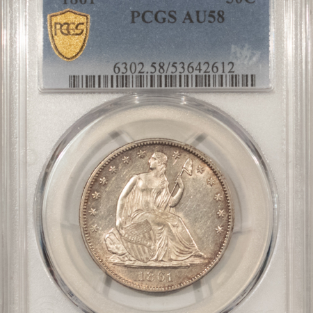 Half Dollars 1861 SEATED LIBERTY HALF DOLLAR – PCGS AU-58 ORIGINAL WHITE WITH RIM TONE! PQ!