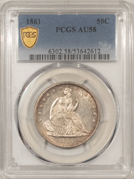 Half Dollars 1861 SEATED LIBERTY HALF DOLLAR – PCGS AU-58 ORIGINAL WHITE WITH RIM TONE! PQ!