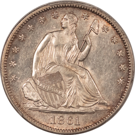 Half Dollars 1861 SEATED LIBERTY HALF DOLLAR – PCGS AU-58 ORIGINAL WHITE WITH RIM TONE! PQ!