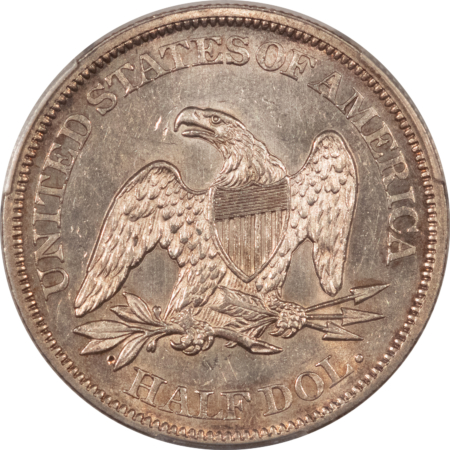 Half Dollars 1861 SEATED LIBERTY HALF DOLLAR – PCGS AU-58 ORIGINAL WHITE WITH RIM TONE! PQ!