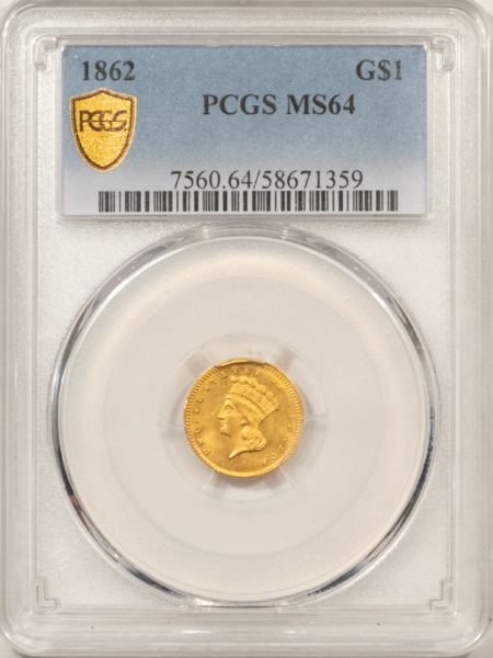 $1 1862 TYPE 3 $1 GOLD DOLLAR – PCGS MS-64, FRESH & FLASHY CIVIL WAR DATE!
