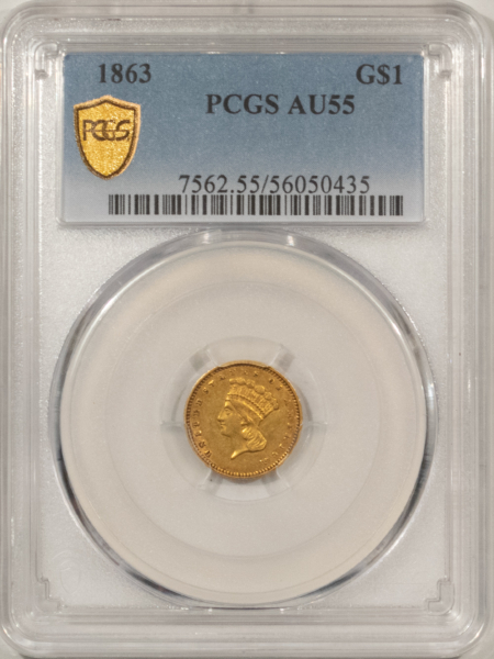 $1 1863 TY 3 $1 GOLD DOLLAR – PCGS AU-55, VERY RARE CIVIL WAR DATE, 6,200 MINTAGE
