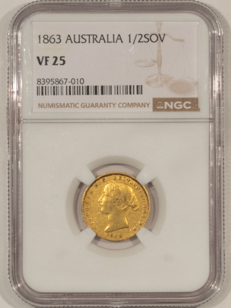 Bullion 1863 AUSTRALIA GOLD 1/2 SOVEREIGN, VICTORIA, KM-3 – NGC VF-25, SCARCE!