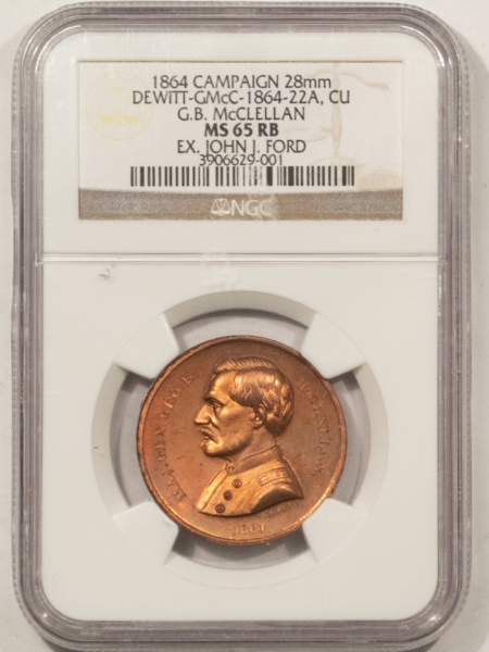 Exonumia 1864 G.B. MCCLELLAN 28mm CAMPAIGN COPPER MEDAL, NGC MS-65 RB; EX JOHN J. FORD