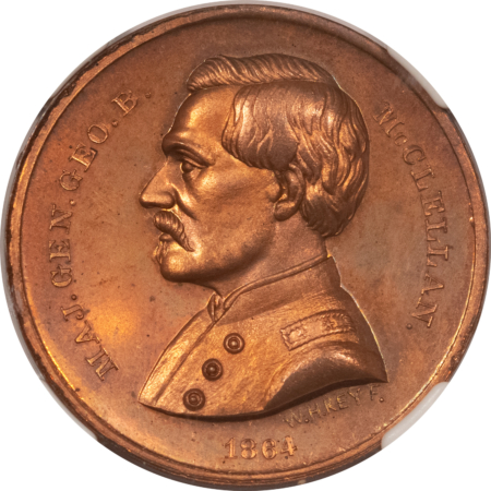 Exonumia 1864 G.B. MCCLELLAN 28mm CAMPAIGN COPPER MEDAL, NGC MS-65 RB; EX JOHN J. FORD