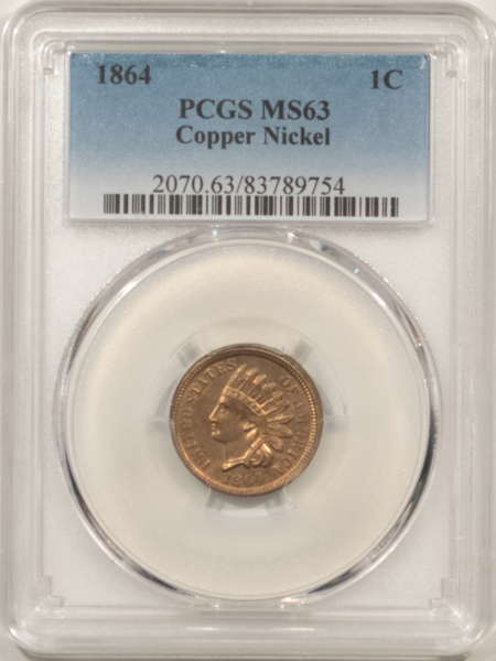 Indian 1864 INDIAN CENT, COPPER NICKEL – PCGS MS-63, LUSTROUS!