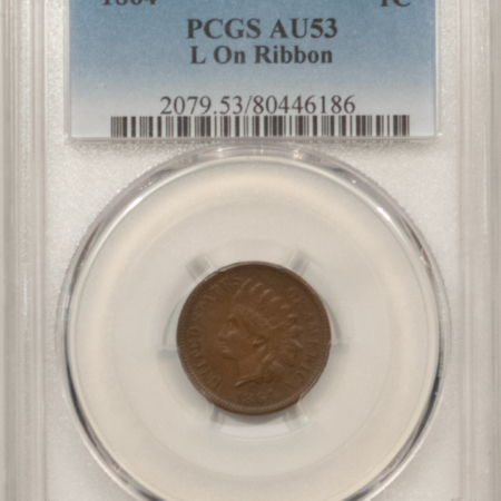 Indian 1864 INDIAN CENT, L ON RIBBON – PCGS AU-53