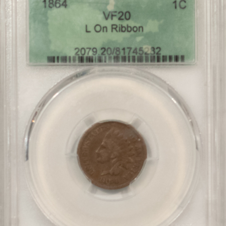 Indian 1864 INDIAN CENT, L ON RIBBON – PCGS VF-20, 30TH ANNIVERSARY!