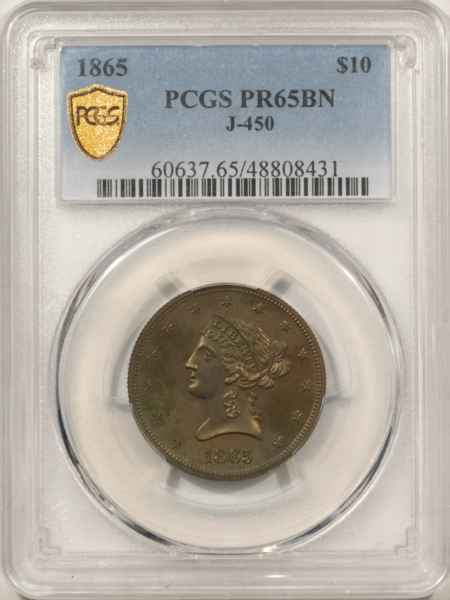 $10 1865 $10 GOLD LIBERTY COPPER PATTERN EAGLE J-450 PCGS PR-65 BN RARE TRANSITIONAL