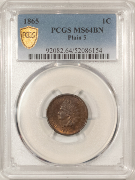 Indian 1865 INDIAN CENT, PLAIN 5 – PCGS MS-64 BN, ATTRACTIVE & LOOKS GEM!