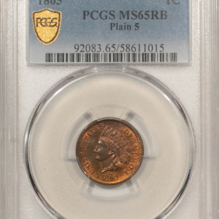 Indian 1865 INDIAN CENT, PLAIN 5 – PCGS MS-65 RB, PRETTY GEM! FULLY RED REVERSE!