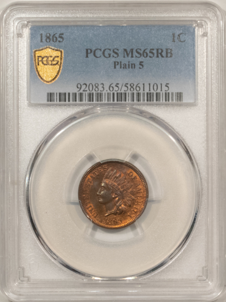 Indian 1865 INDIAN CENT, PLAIN 5 – PCGS MS-65 RB, PRETTY GEM! FULLY RED REVERSE!