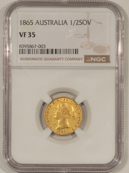 Bullion 1865 AUSTRALIA GOLD 1/2 SOVEREIGN, VICTORIA, KM-3 – NGC VF-35, SCARCE!