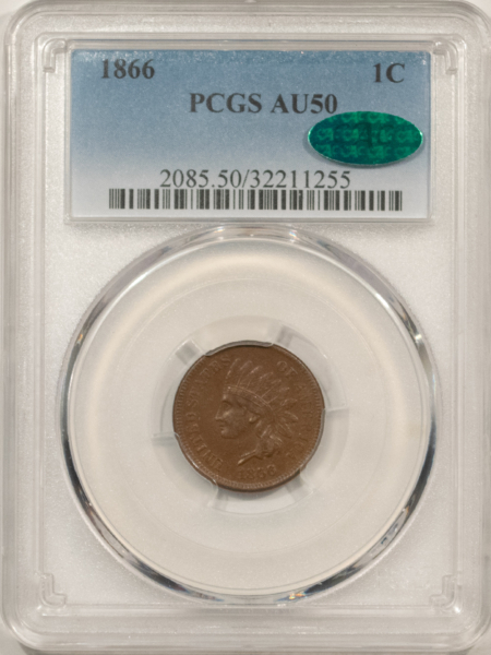 CAC Approved Coins 1866 INDIAN CENT – PCGS AU-50, CAC APPROVED!