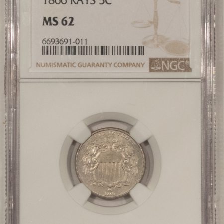 New Certified Coins 1866 SHIELD NICKEL WITH RAYS – NGC MS-62, NICE ATTRACTIVE TYPE COIN