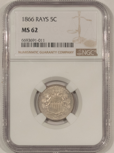 New Certified Coins 1866 SHIELD NICKEL WITH RAYS – NGC MS-62, NICE ATTRACTIVE TYPE COIN