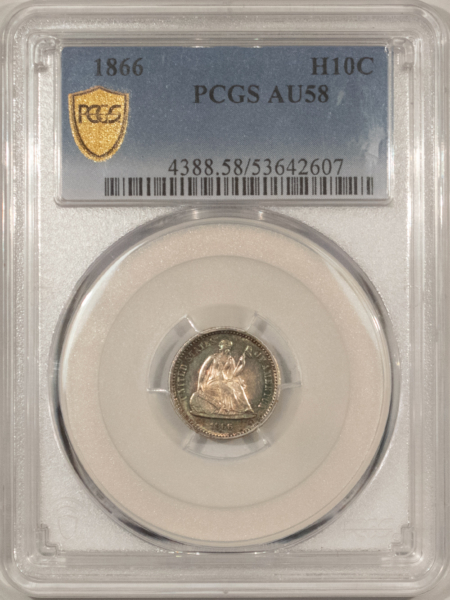 Half Dimes 1866 SEATED LIBERTY HALF DIME – PCGS AU-58, VERY PRETTY & SCARCE! POP 8
