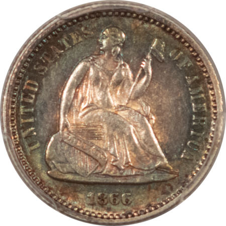 Half Dimes 1866 SEATED LIBERTY HALF DIME – PCGS AU-58, VERY PRETTY & SCARCE! POP 8